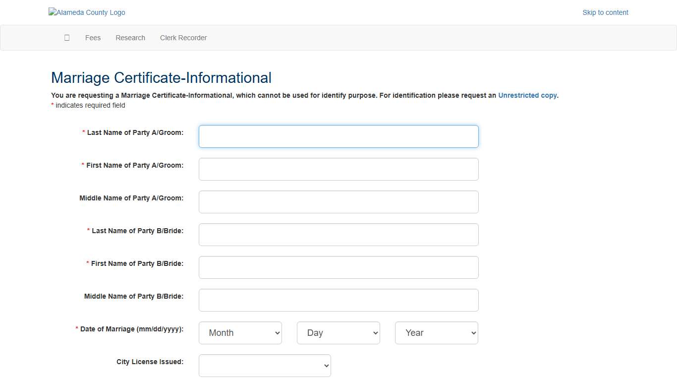 Alameda County Birth, Marriage, Death Certificates - Request Information