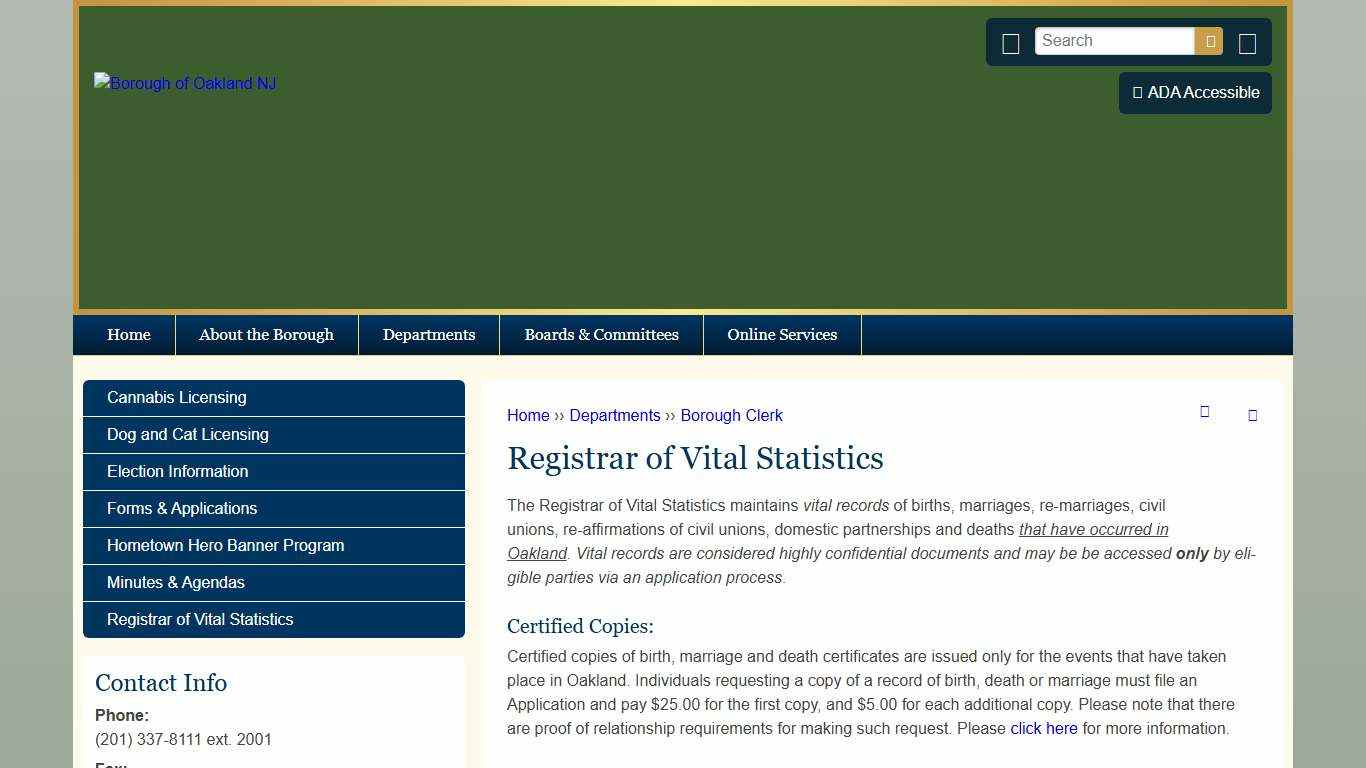 Registrar of Vital Statistics Borough of Oakland NJ